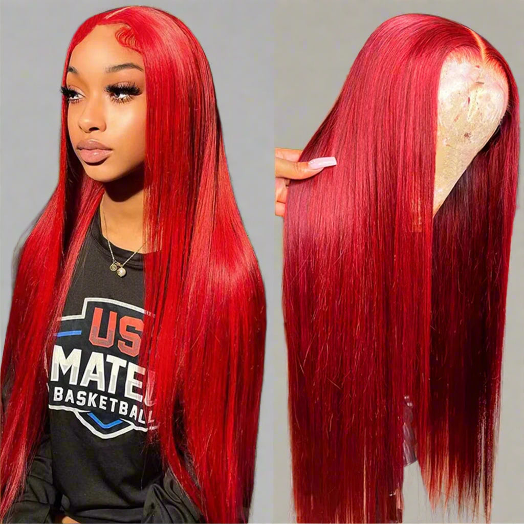 Hot Red Long Natural Wave Lace Font Wigs