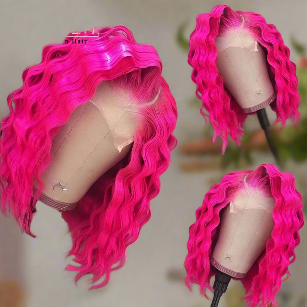 Colored Deep Wave  HD Lace Frontal Wig 180 Density pink and blue