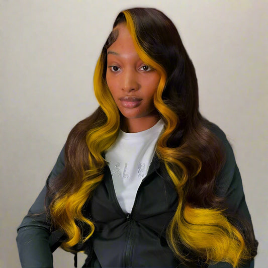 Brown & Yellow, 5x5  Transparent Lace Front Body Wave Wig