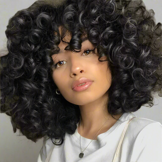 Short Bouncy Curly Human Hair Wig With Bangs