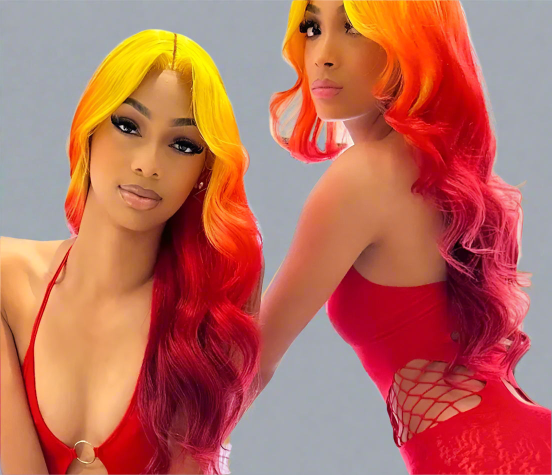 Ombre Yellow Red Colored Body Wave Transparent Lace Front Wig