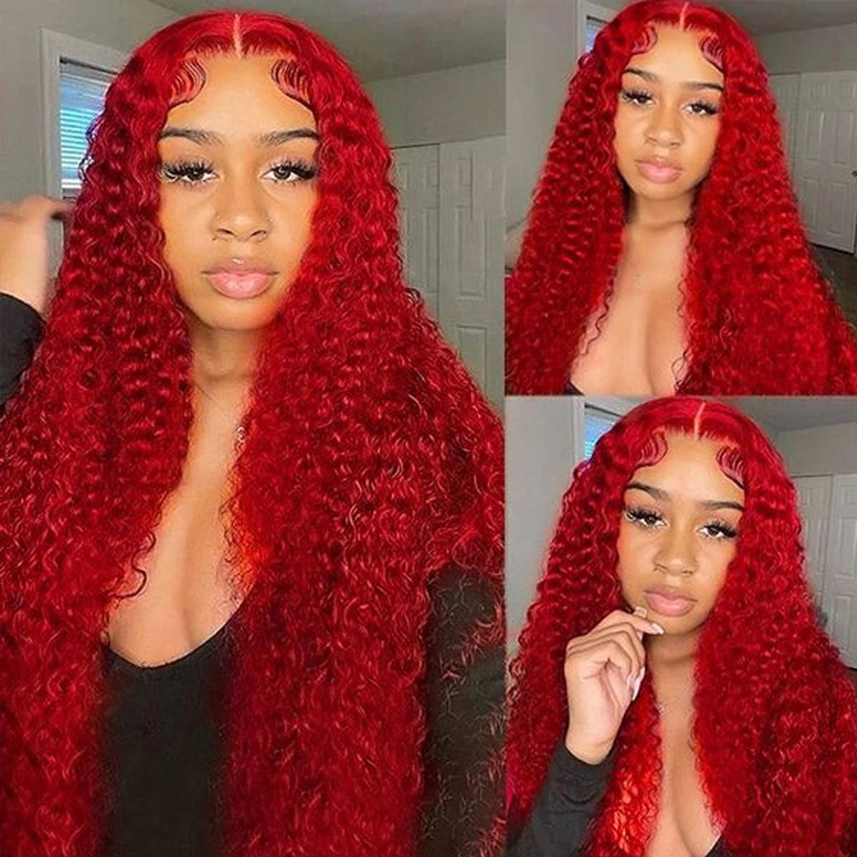 Hot Red Long Natural Wave Lace Font Wigs