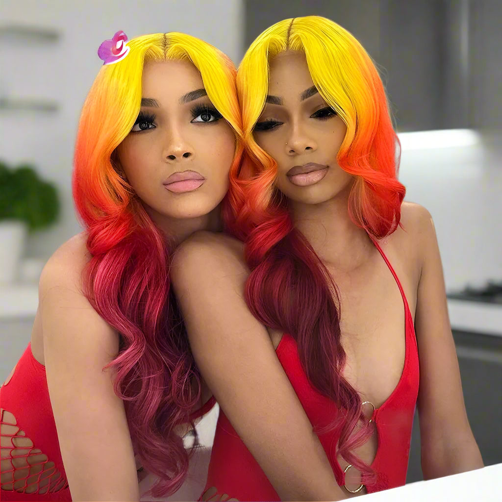 Ombre Yellow Red Colored Body Wave Transparent Lace Front Wig