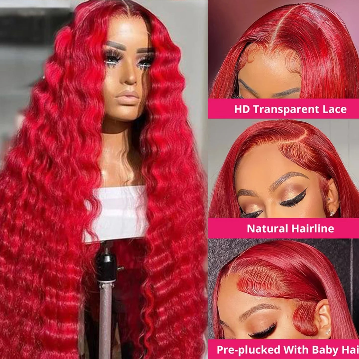 Hot Red Long Natural Wave Lace Font Wigs