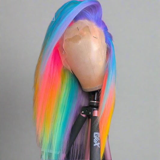 Rainbow Colorful Highlight Human Hair Wigs Free Part