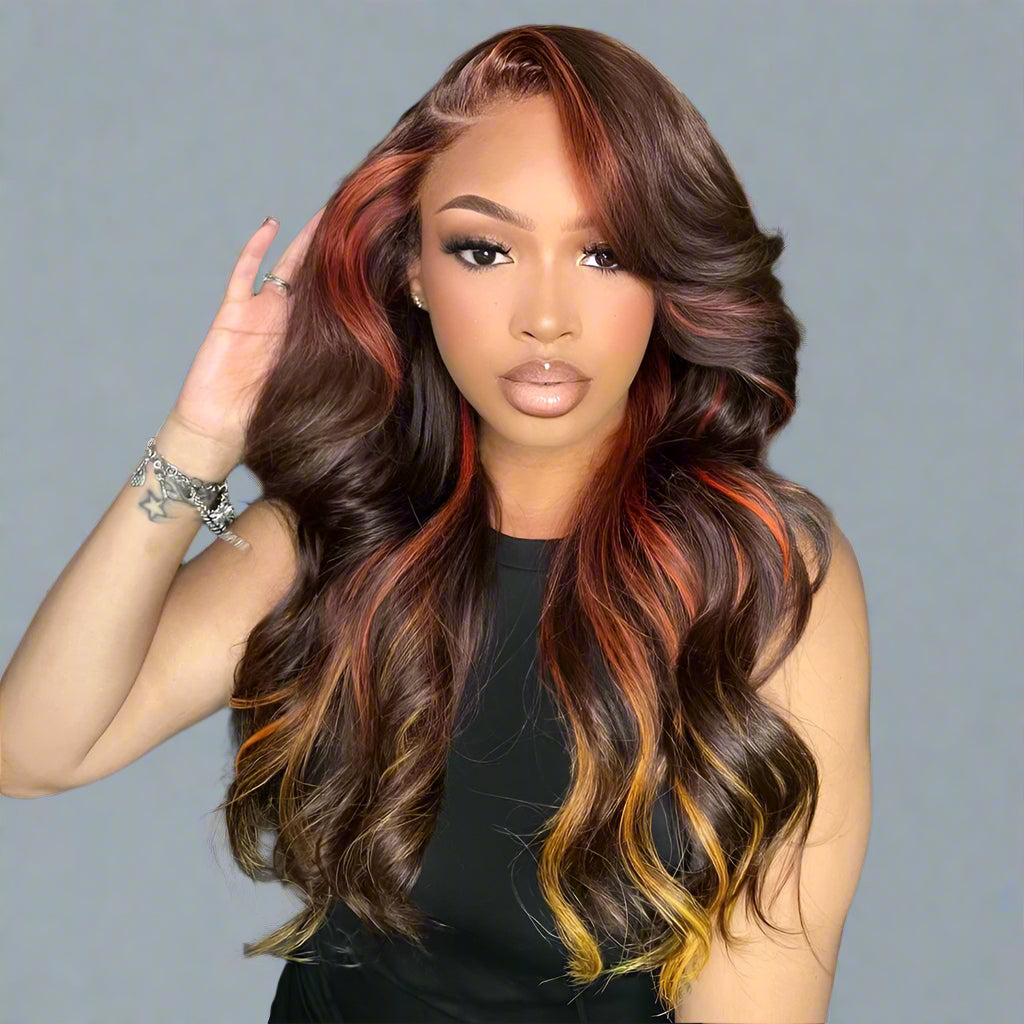 Highlight Brown And Yellow Lace Closure Wigs 180 Density Body Wave