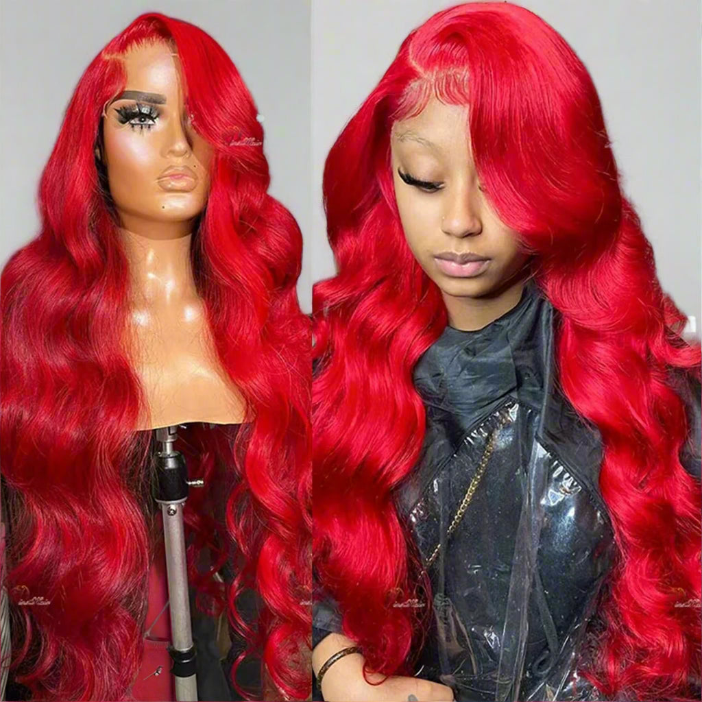 Hot Red Long Natural Wave Lace Font Wigs