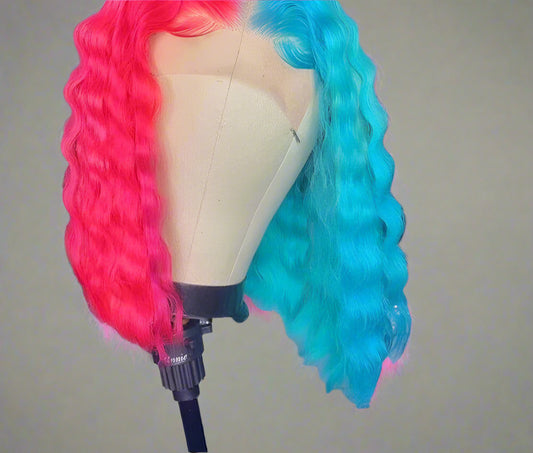 Colored Deep Wave  HD Lace Frontal Wig 180 Density pink and blue