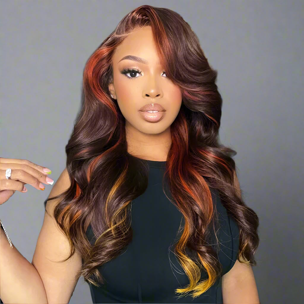 Highlight Brown And Yellow Lace Closure Wigs 180 Density Body Wave